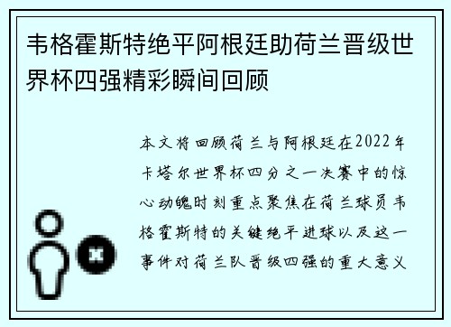 韦格霍斯特绝平阿根廷助荷兰晋级世界杯四强精彩瞬间回顾