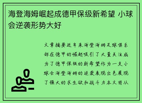 海登海姆崛起成德甲保级新希望 小球会逆袭形势大好