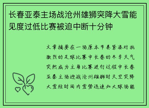 长春亚泰主场战沧州雄狮突降大雪能见度过低比赛被迫中断十分钟